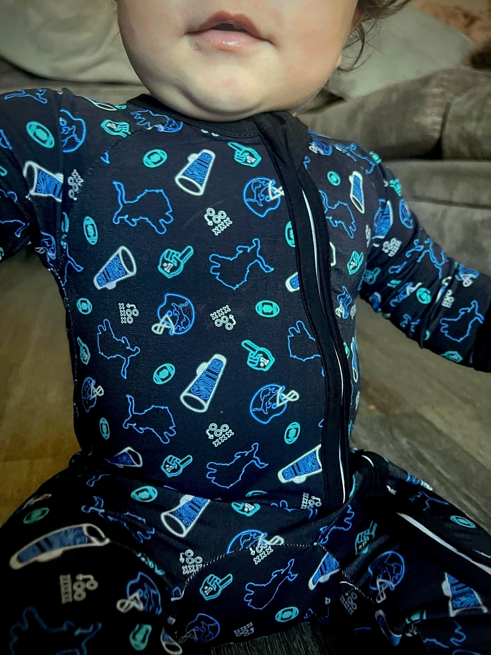 Detroit Lions Neon Lights Pajamas | Bamboo Cotton Zipper PJs | Sizes NB to 2T