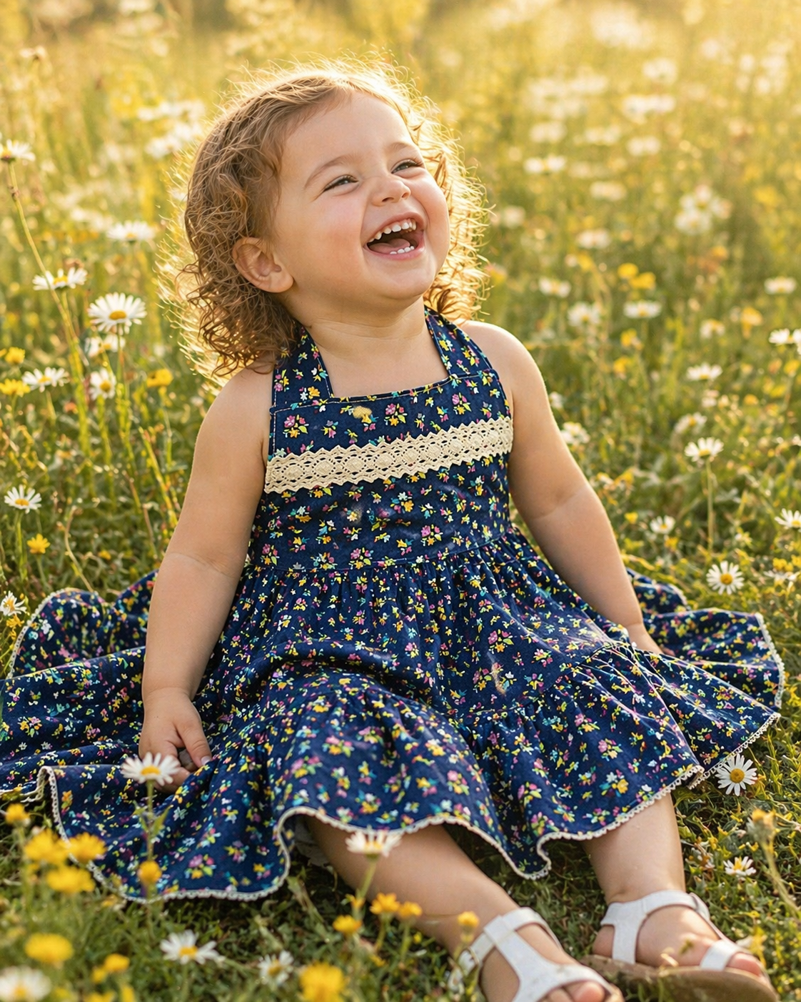 Lola OOAK Vintage Navy Floral Halter Dress - Size 2T