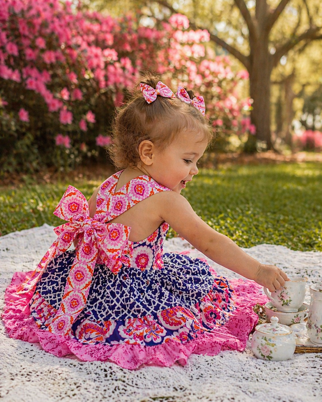 Ginger OOAK Pink & Purple Floral Tiered Dress - 12/18m