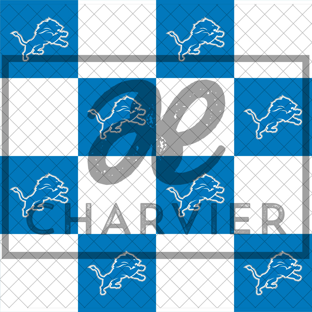 Close-up of custom checkered fabric design featuring Honolulu blue checks with the Detroit Lions logo inside.