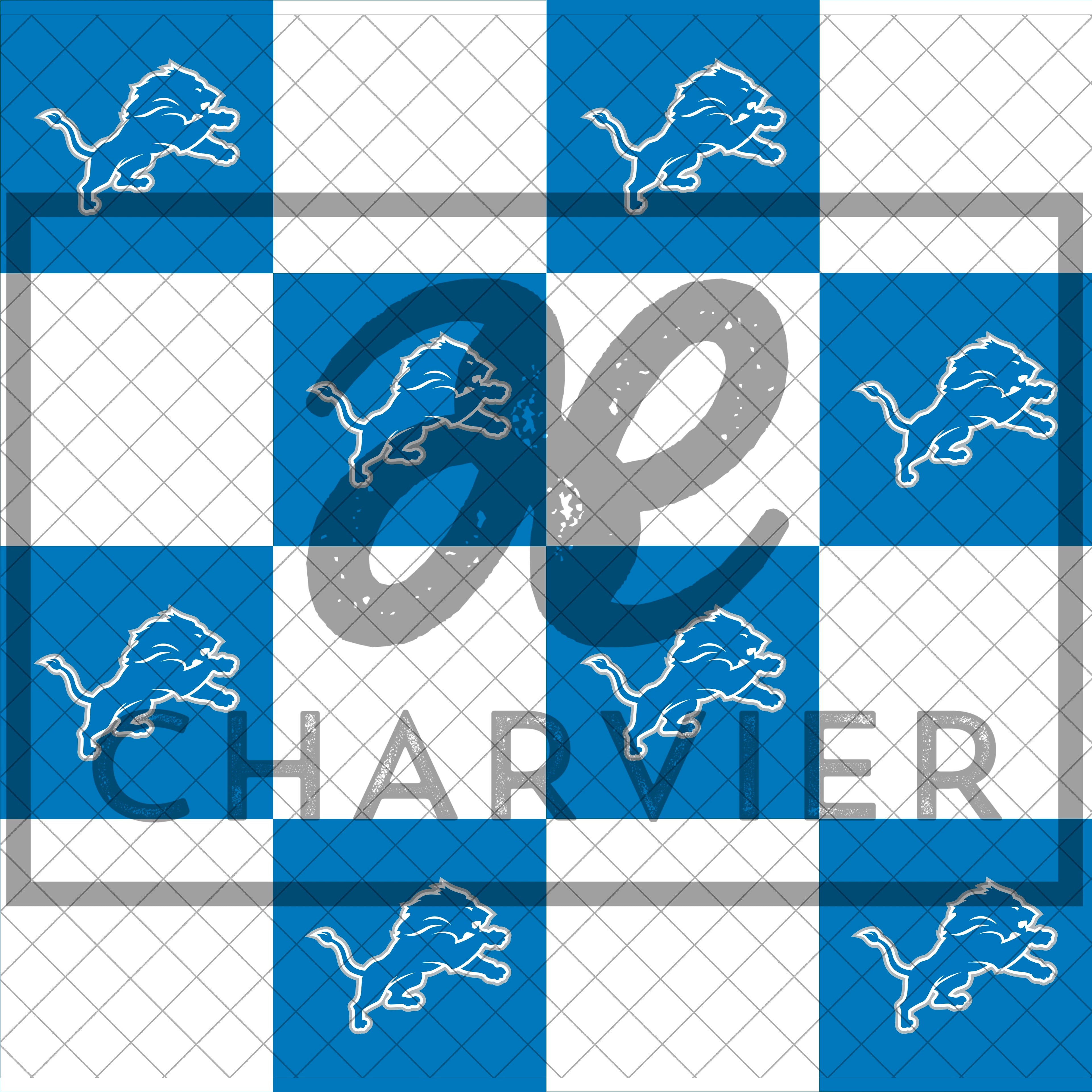 Close-up of custom checkered fabric design featuring Honolulu blue checks with the Detroit Lions logo inside.