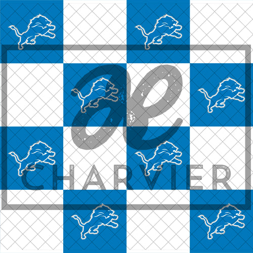 Close-up of custom checkered fabric design featuring Honolulu blue checks with the Detroit Lions logo inside.