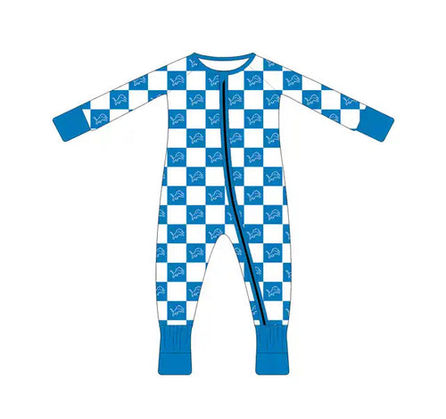 Flat lay rendering of Detroit Lions check print zipper pajamas in bamboo cotton, sizes NB to 5T.