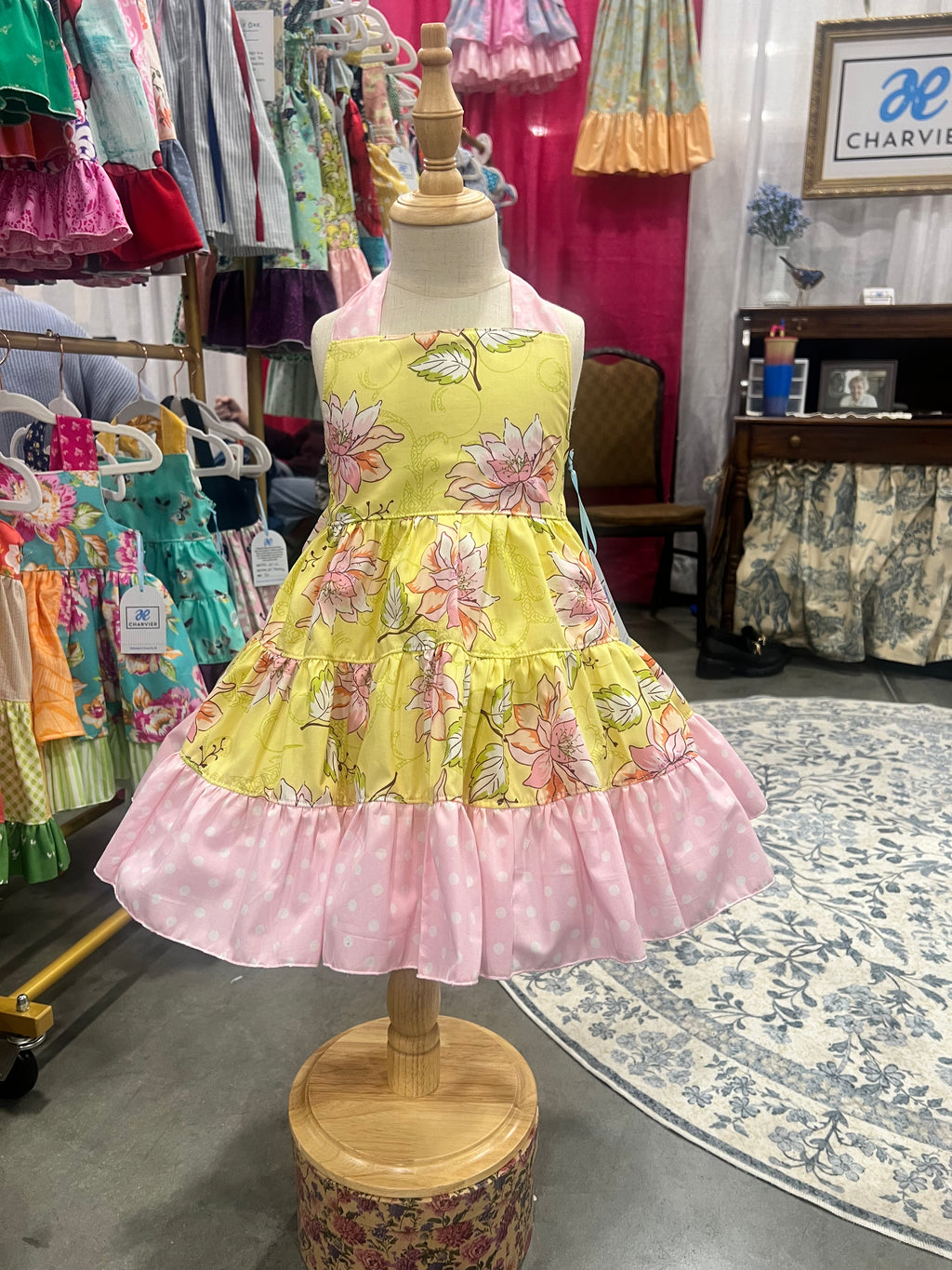 Lola OOAK Botanical Floral & Pink Polka Dot Dress — Size 3T