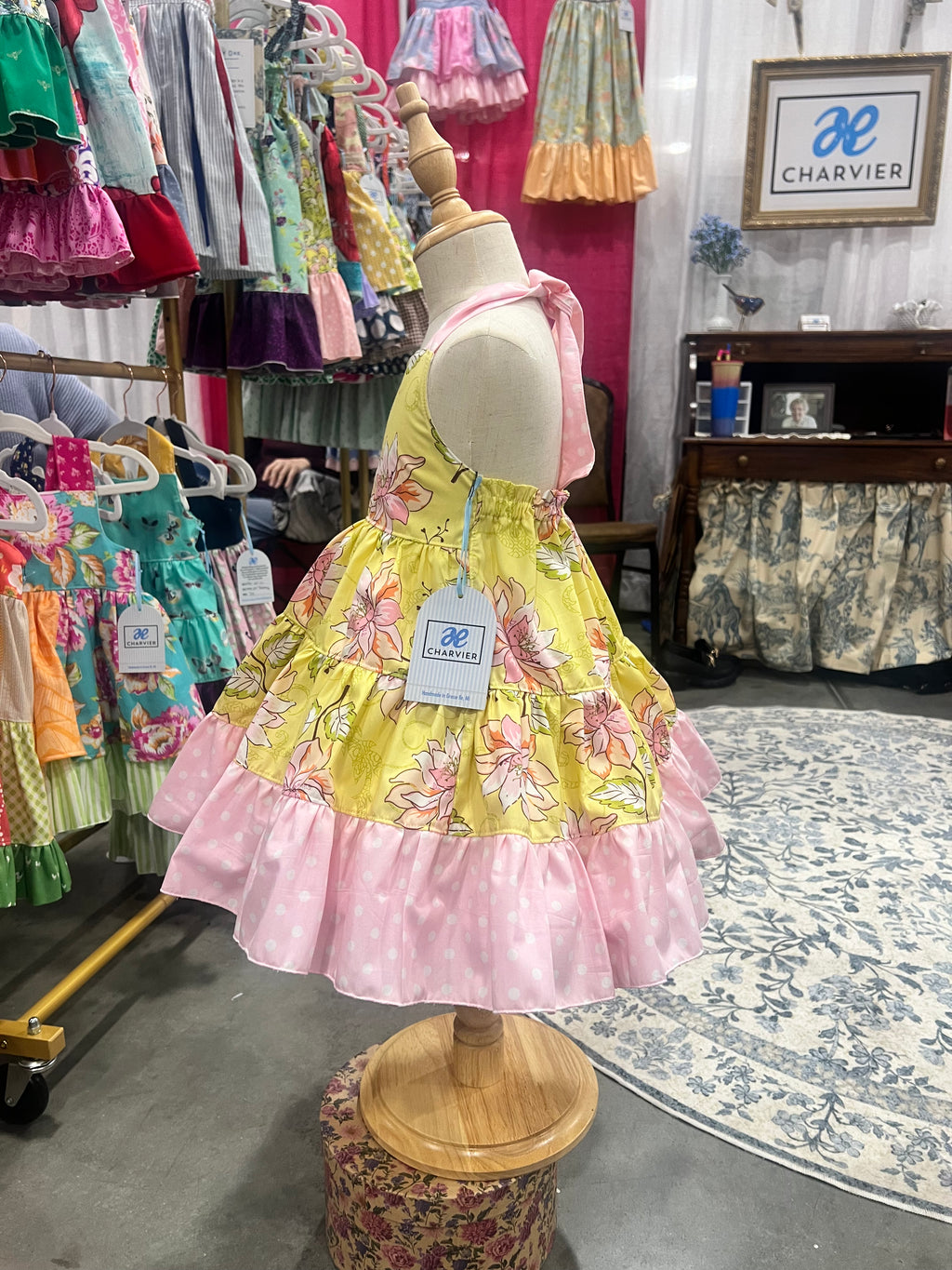 Lola OOAK Botanical Floral & Pink Polka Dot Dress — Size 3T