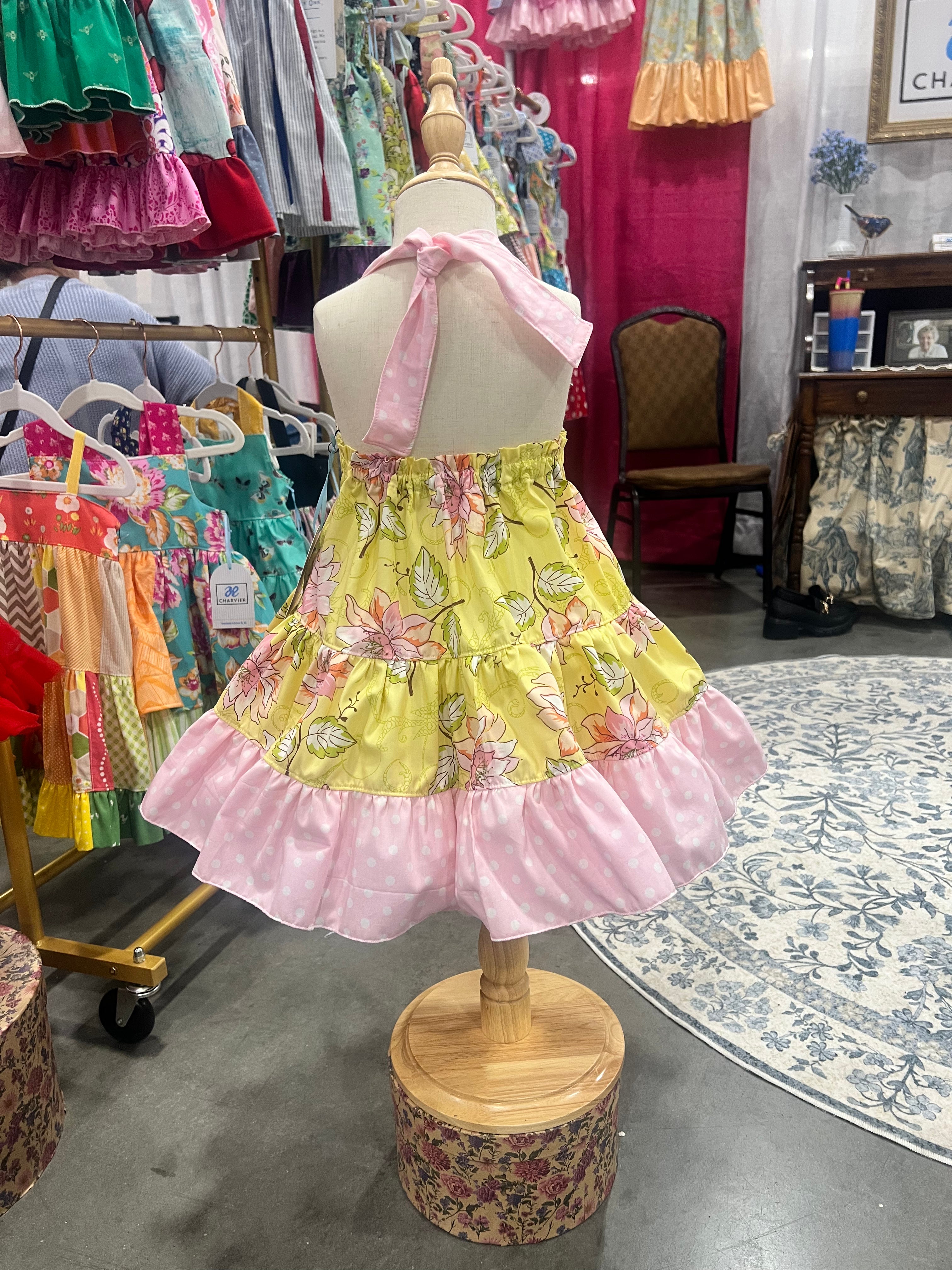 Lola OOAK Botanical Floral & Pink Polka Dot Dress — Size 3T