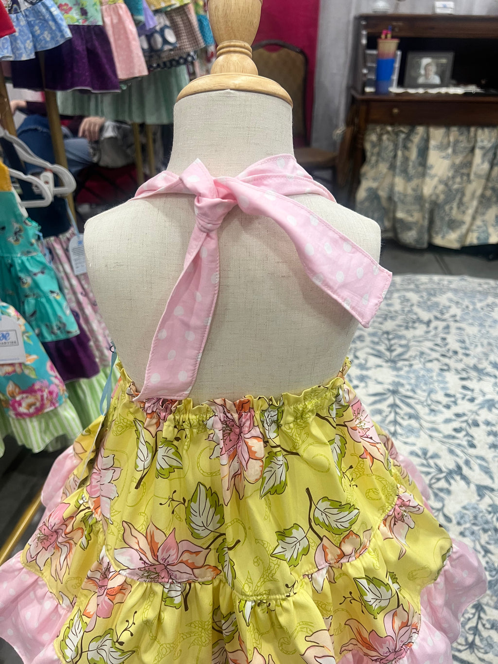 Lola OOAK Botanical Floral & Pink Polka Dot Dress — Size 3T