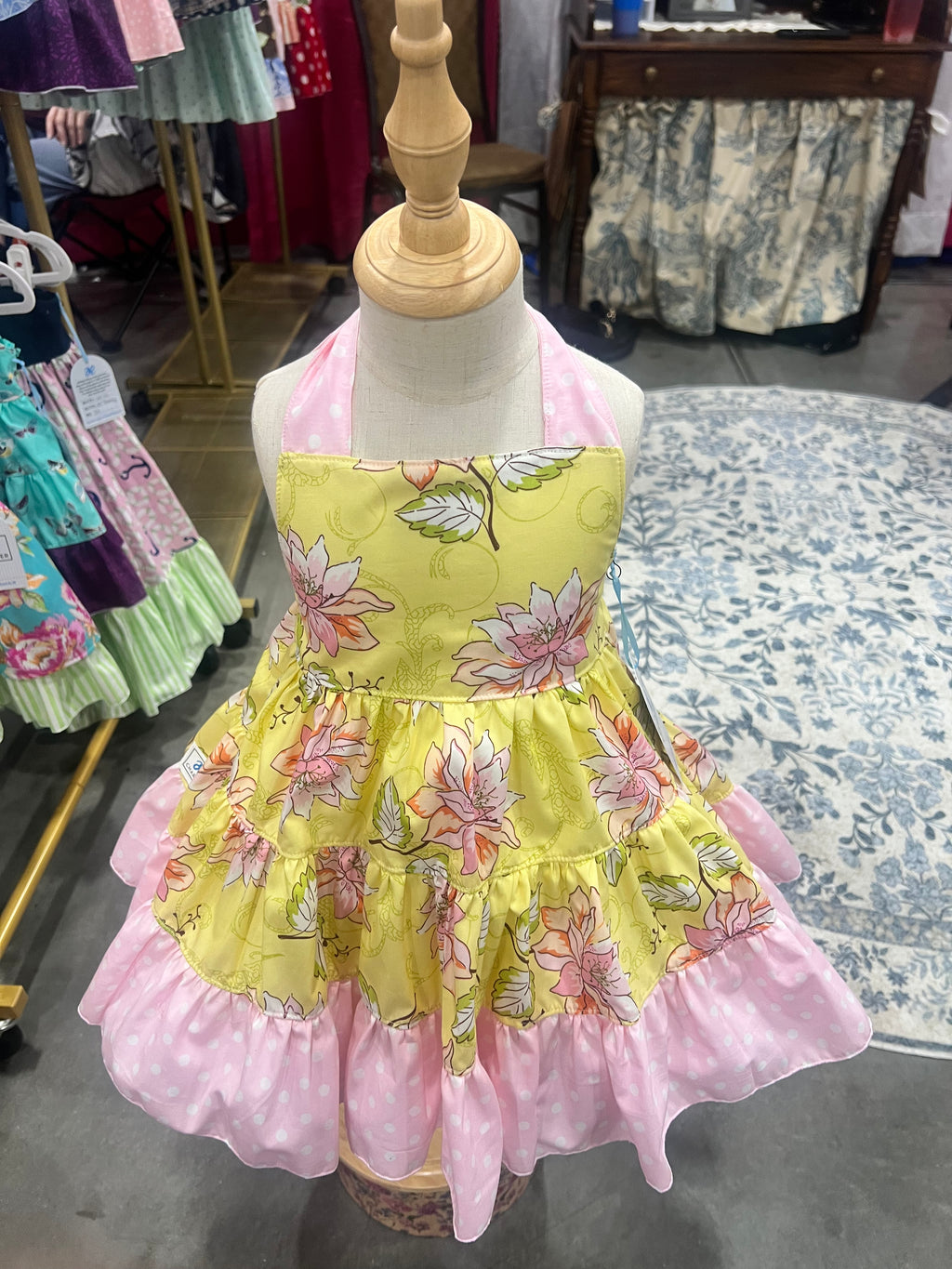 Lola OOAK Botanical Floral & Pink Polka Dot Dress — Size 3T