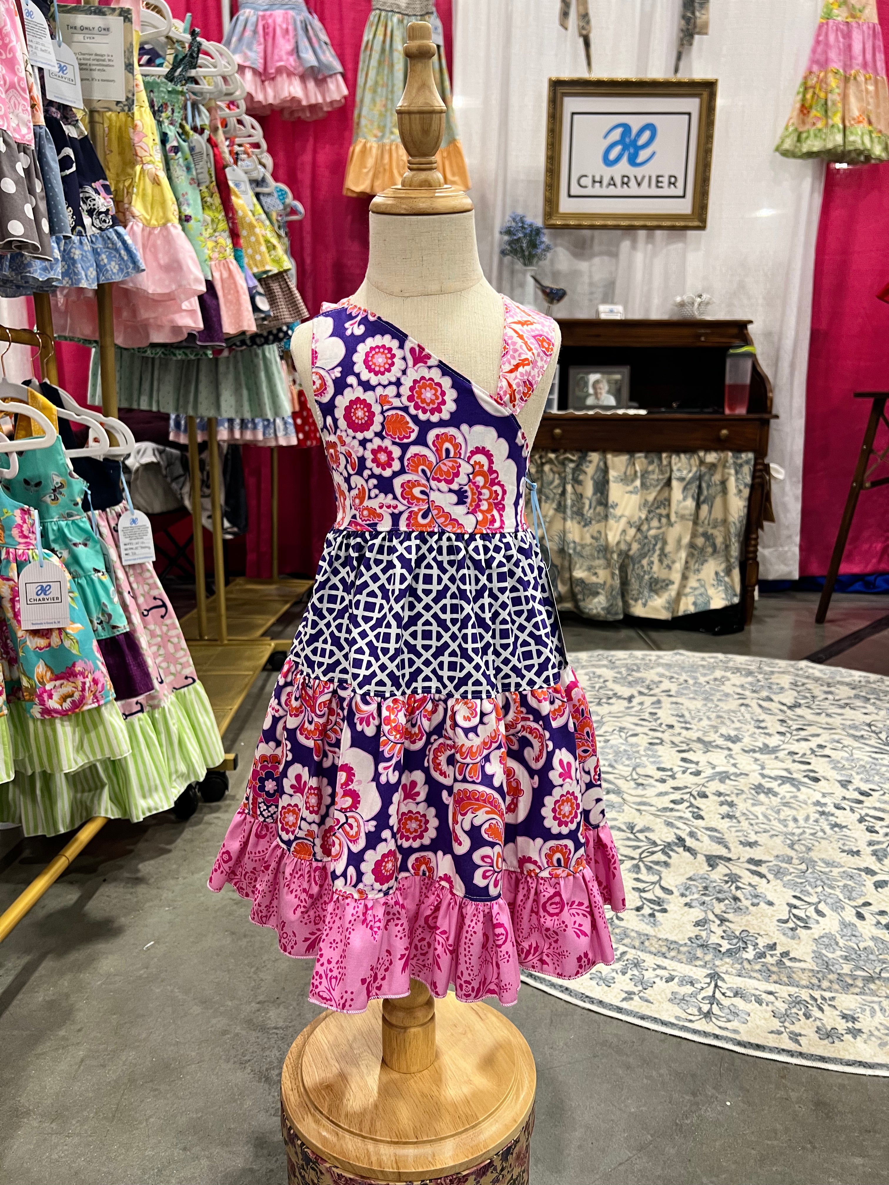 Ginger OOAK Pink & Purple Floral Tiered Dress - 12/18m