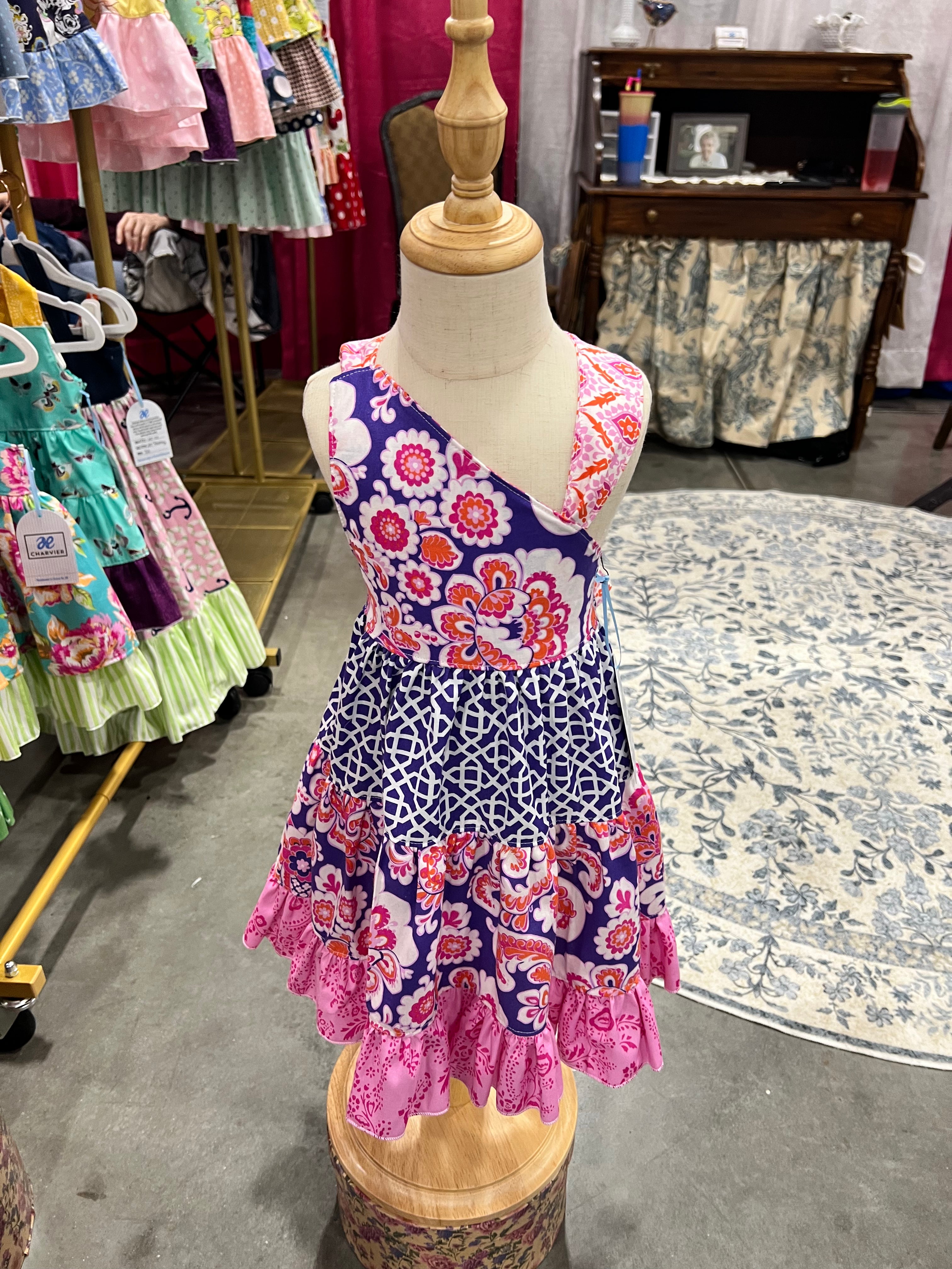 Ginger OOAK Pink & Purple Floral Tiered Dress - 12/18m