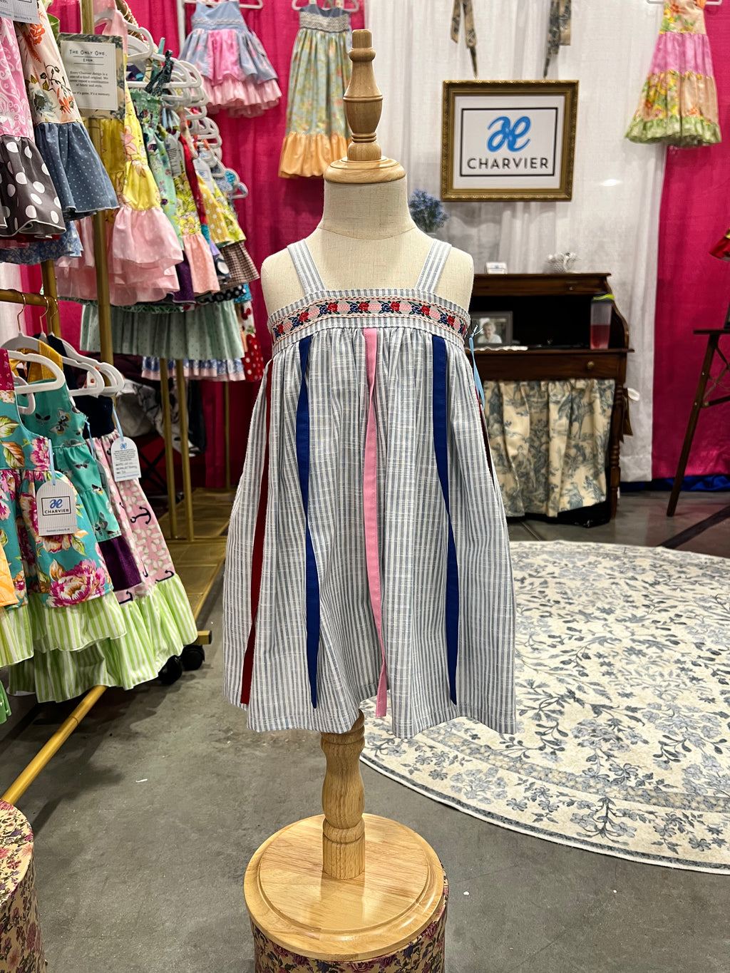 Hattie OOAK Blue Ticking Stripe Heirloom Dress - Size 2T