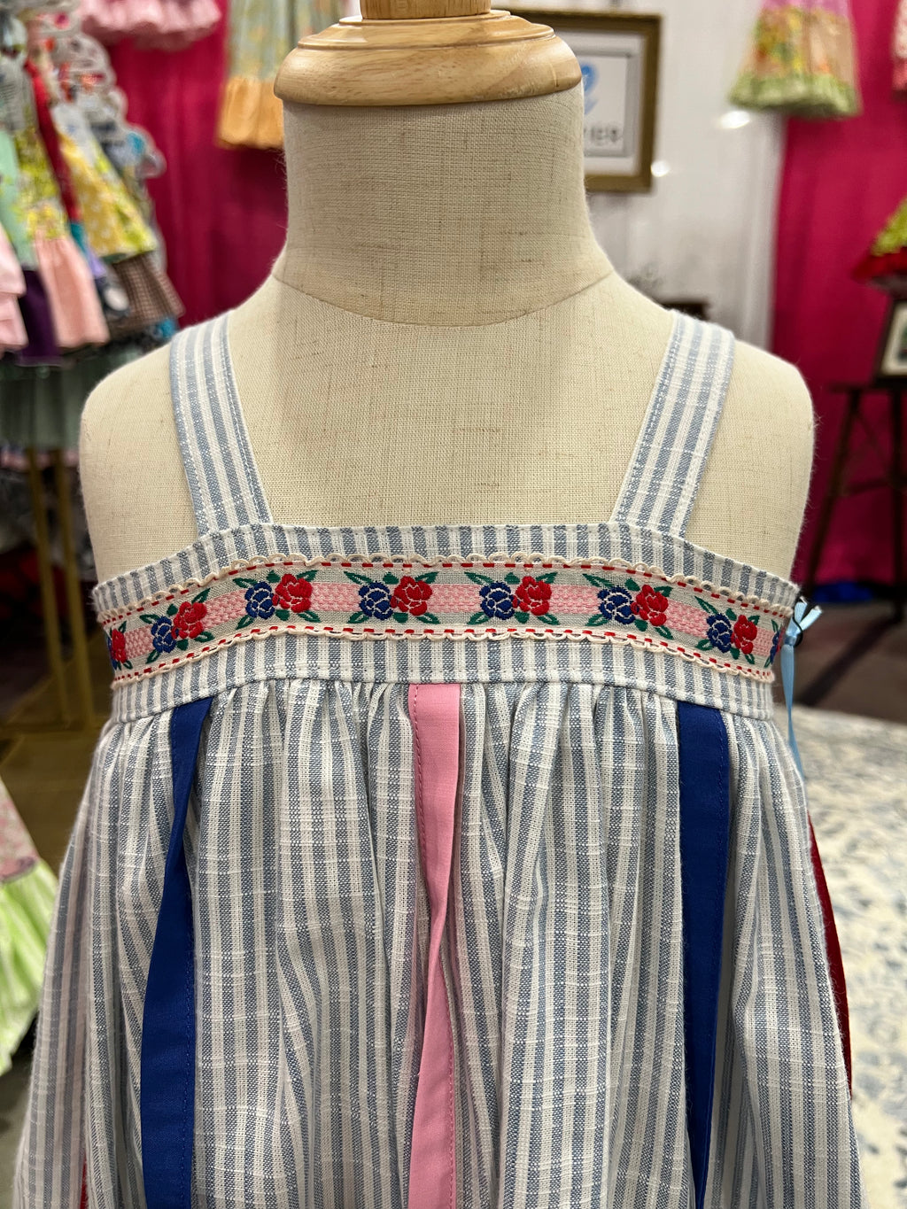 Hattie OOAK Blue Ticking Stripe Heirloom Dress - Size 2T