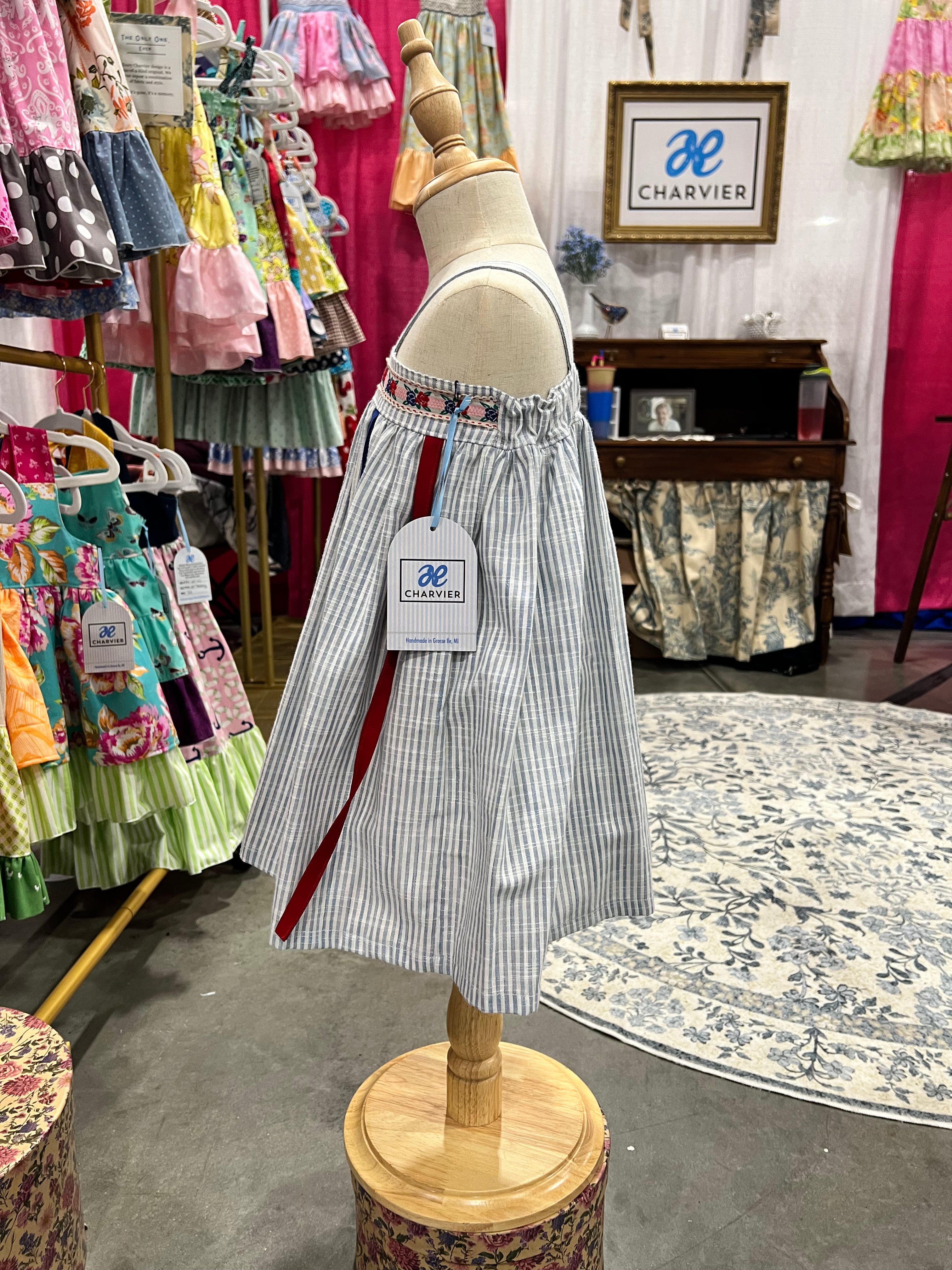 Hattie OOAK Blue Ticking Stripe Heirloom Dress - Size 2T