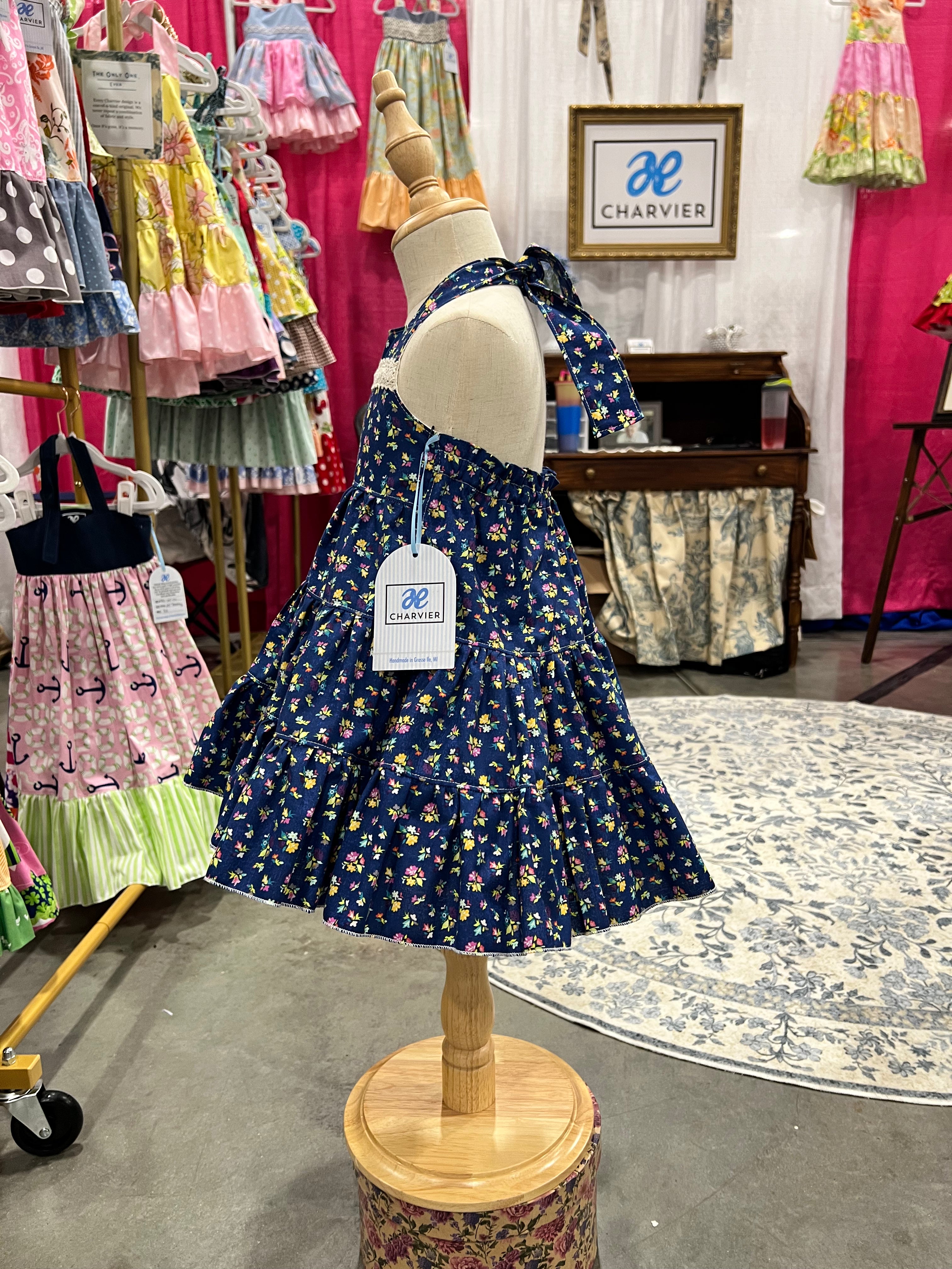 Lola OOAK Vintage Navy Floral Halter Dress - Size 2T